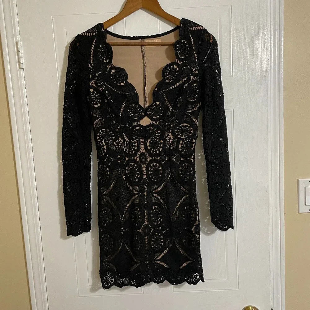 Love Triangle Black Lace Long Sleeve V-Neck Mini Dress - Picture 1 of 15